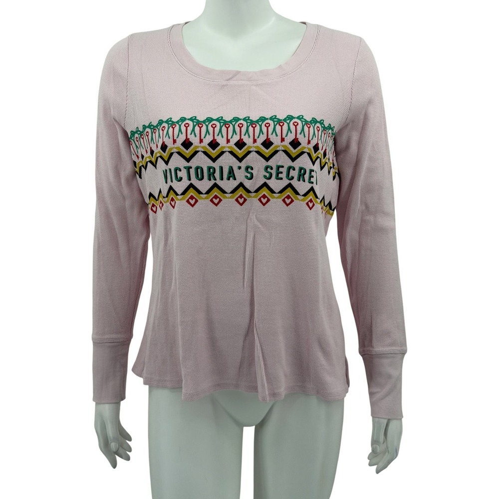 Victorias Secret Top Womens Medium Pink Fair Isle Thermal Long Sleeve Sleepwear